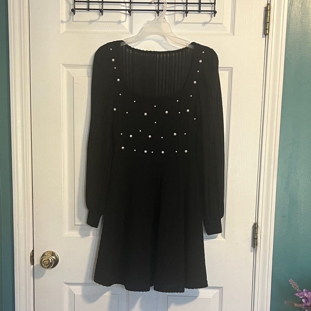 Elegant Black Dress with Pearl Accents
